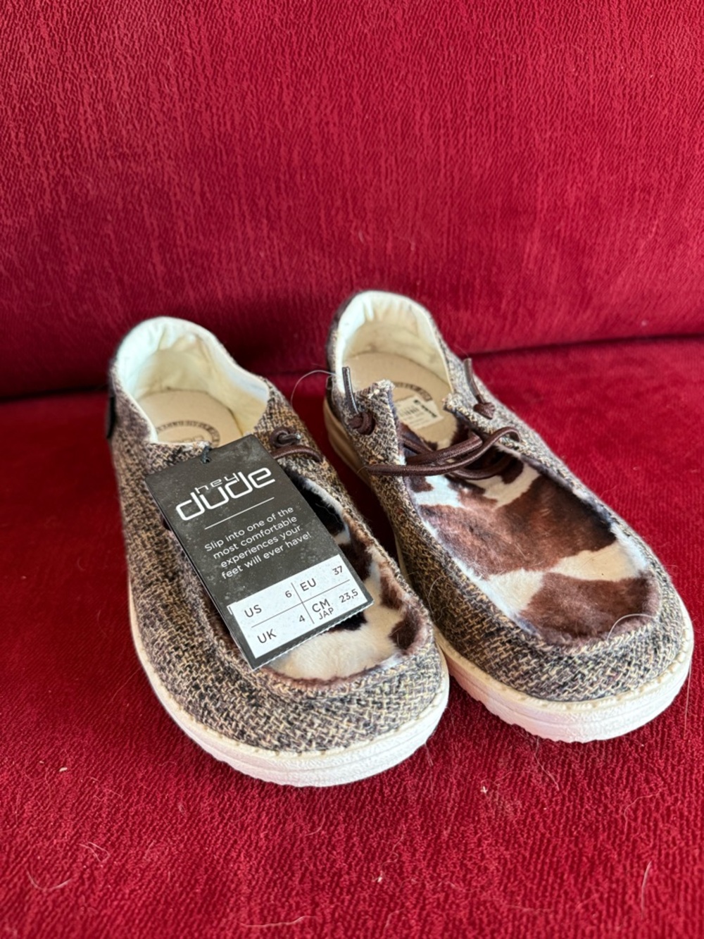 Hey Dude shoes Slip-Ons with Brown and White Cow-Print